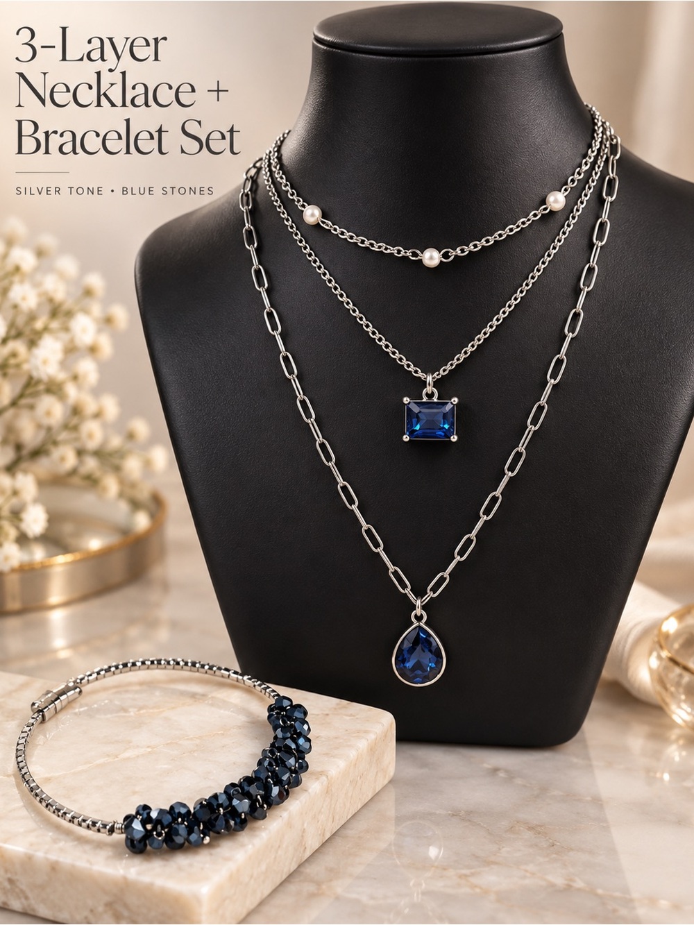 Layered Silver-Tone Necklace & Bracelet Set with Blue Stones NEW IN BOX